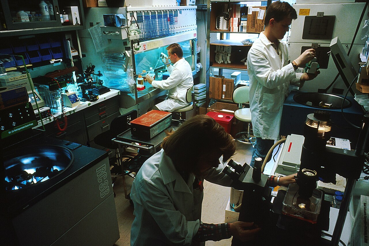 Three scientists working at a laboratory bench.